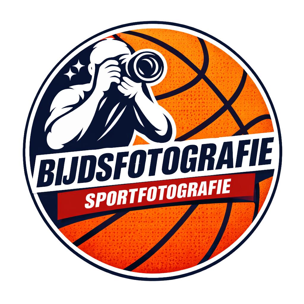 Sports photography logo design featuring a photographer silhouette on an orange basketball background.