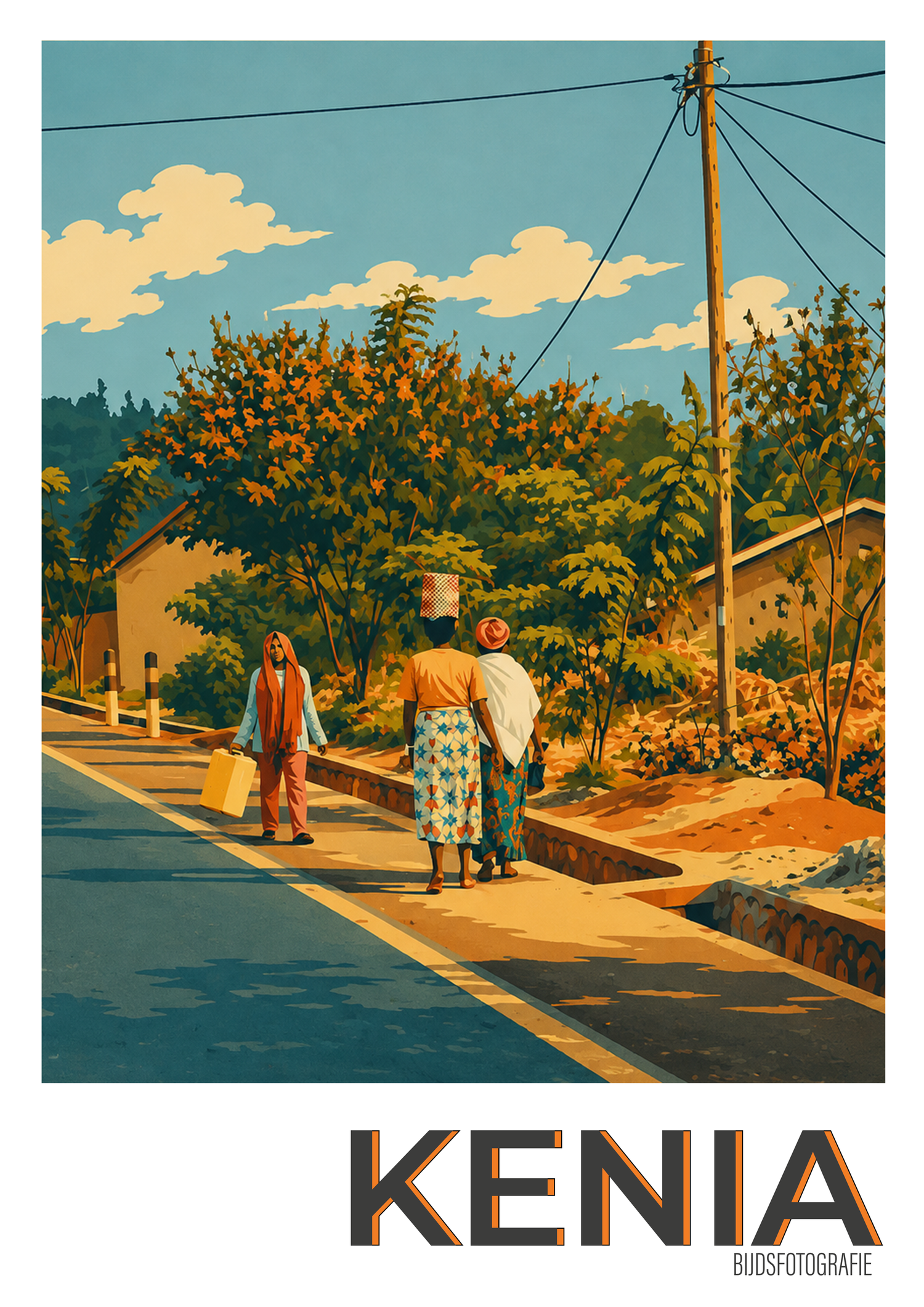 Vintage travel poster of Kenya showing women walking along a sunny road lined with trees and utility poles.