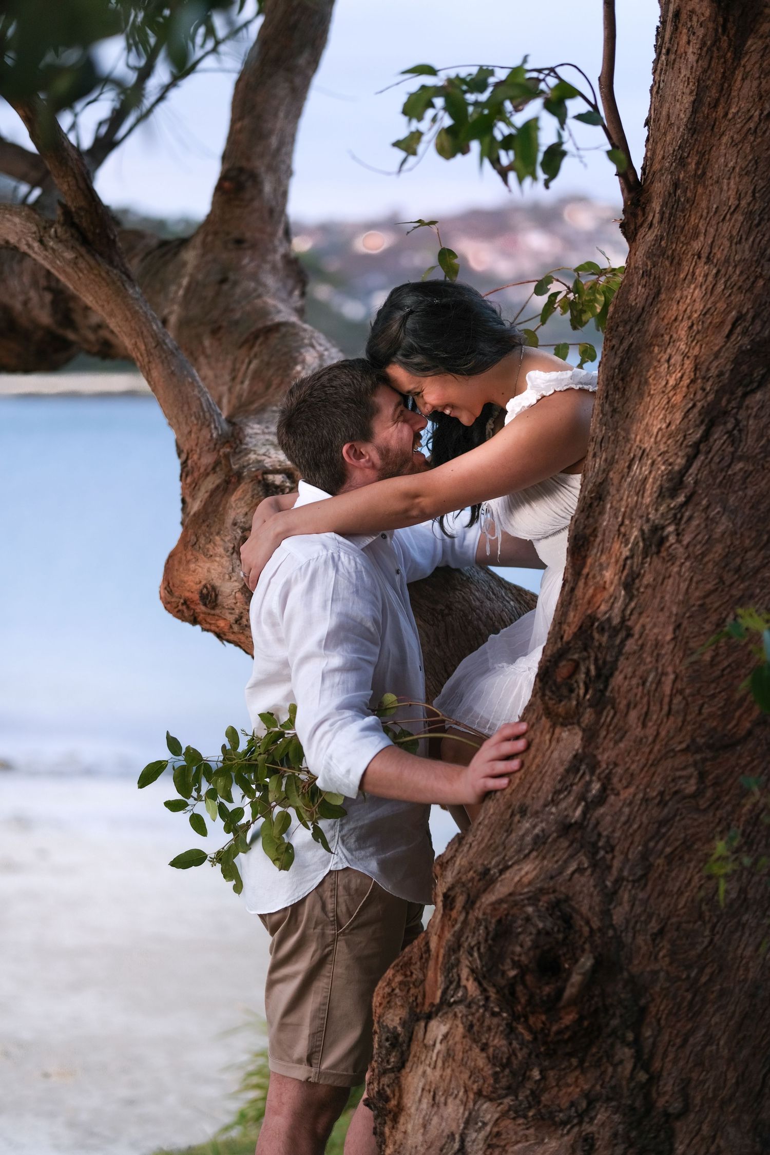 Romantic couple kissing between large tree trunks near a beach at twilight, both wearing white outfits.