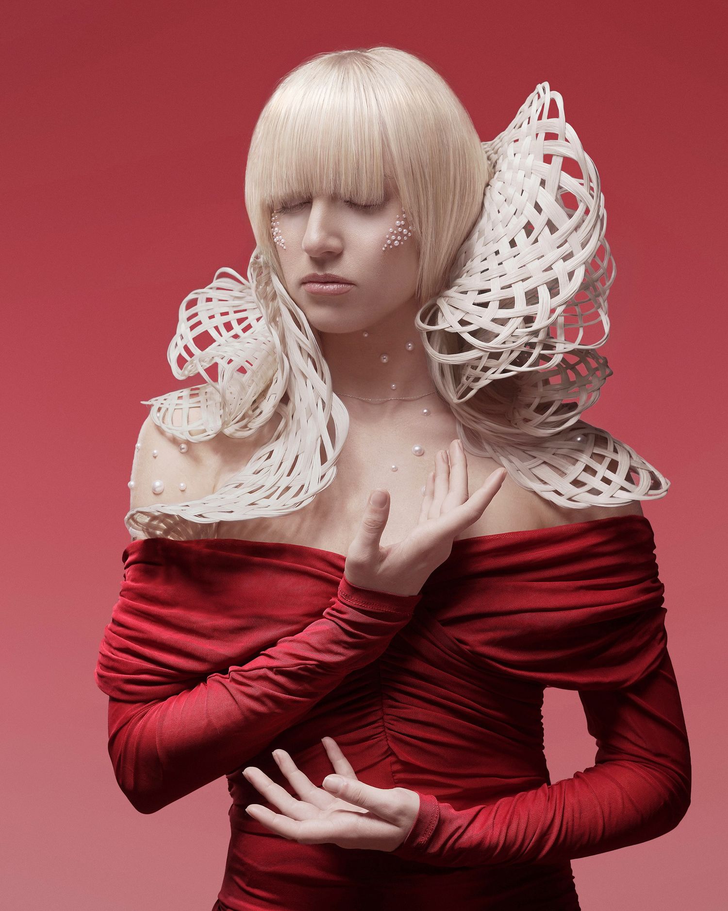 blond woman in red dress