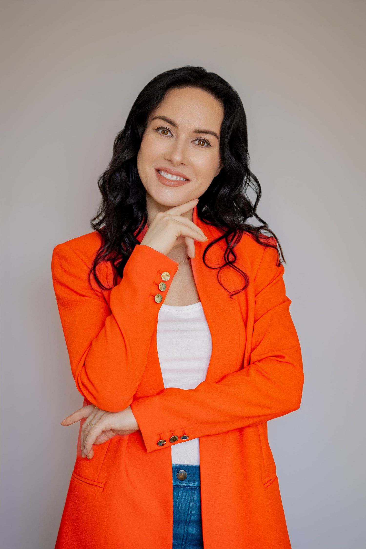 woman in red jacket