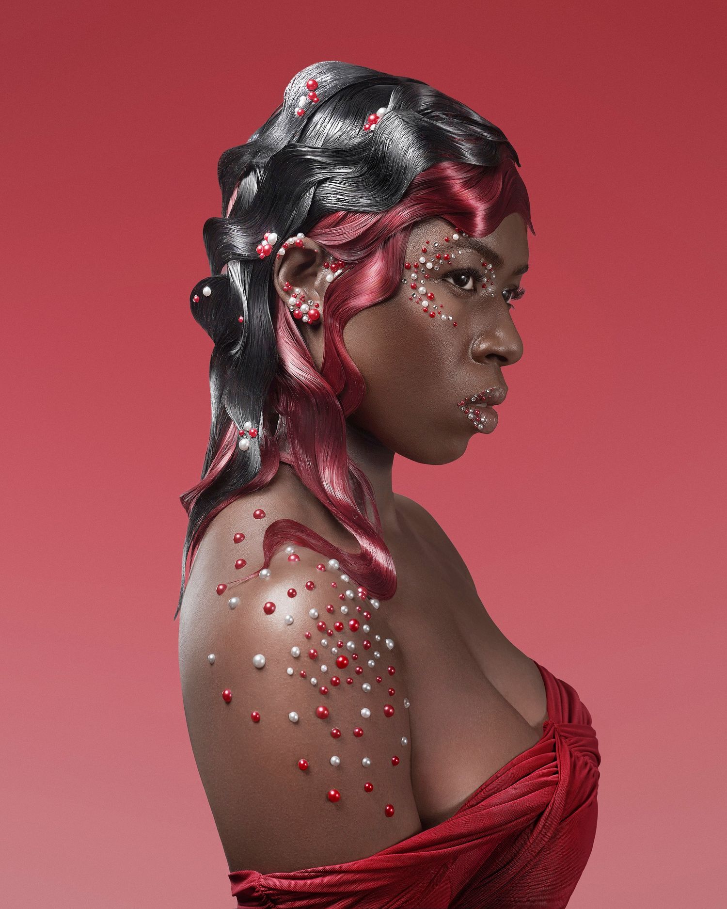 black woman in red dress