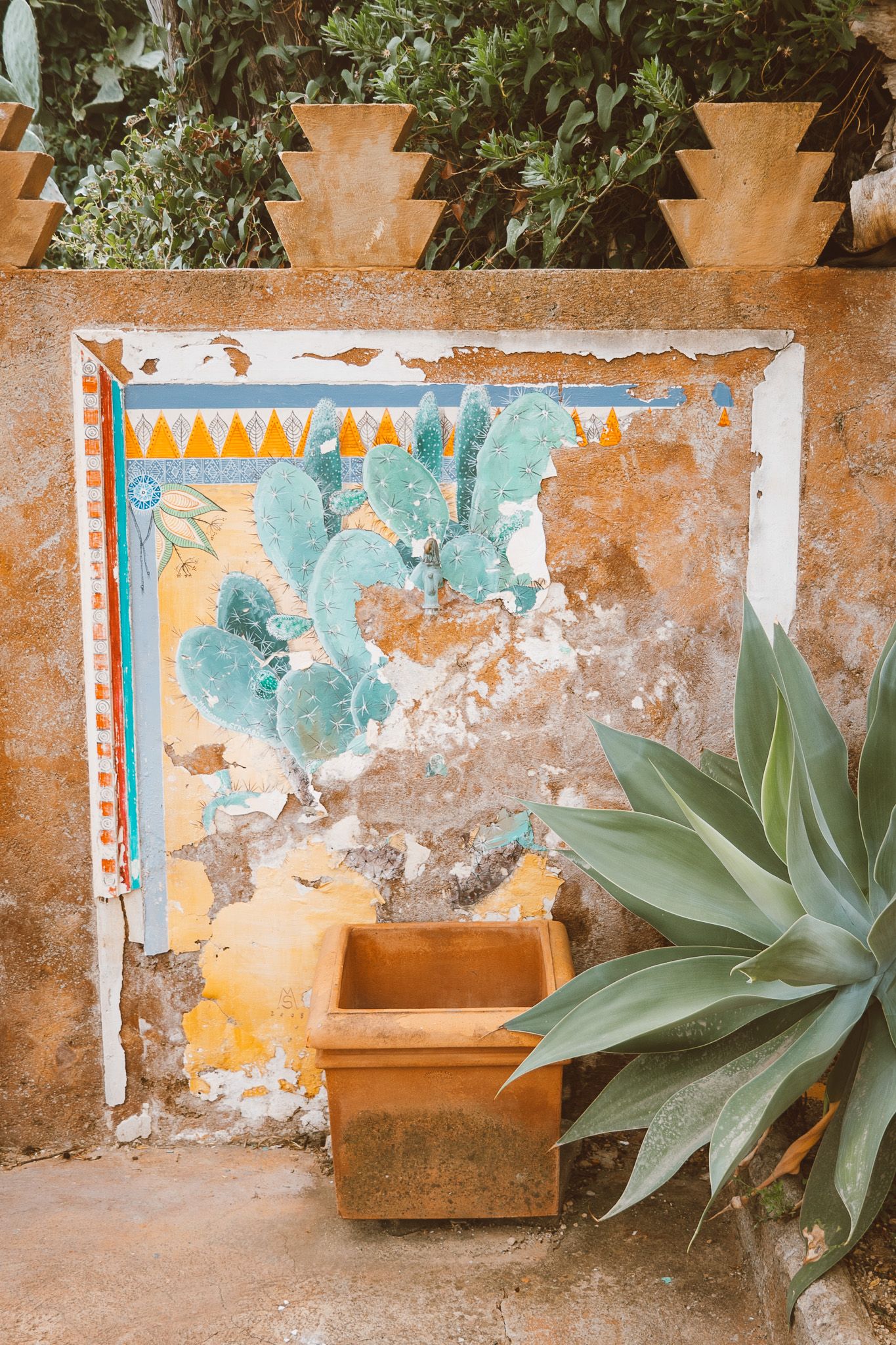A vintage style mosaic surrounded by succulents..