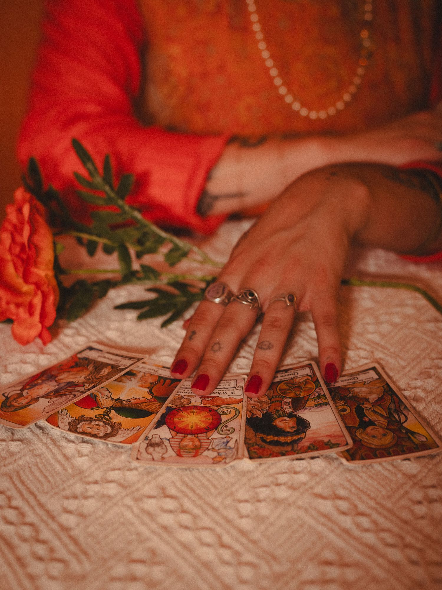 A tarot reader fanning out her cards during a photoshoot.