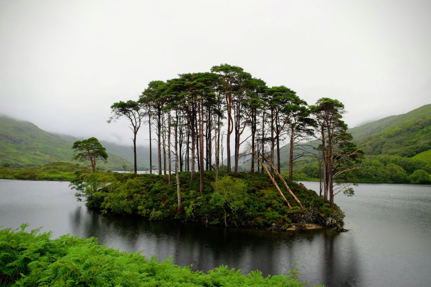 Serene photograph of a Scottish loch, with mist drifting across the calm waters and the surrounding mountains in the distance