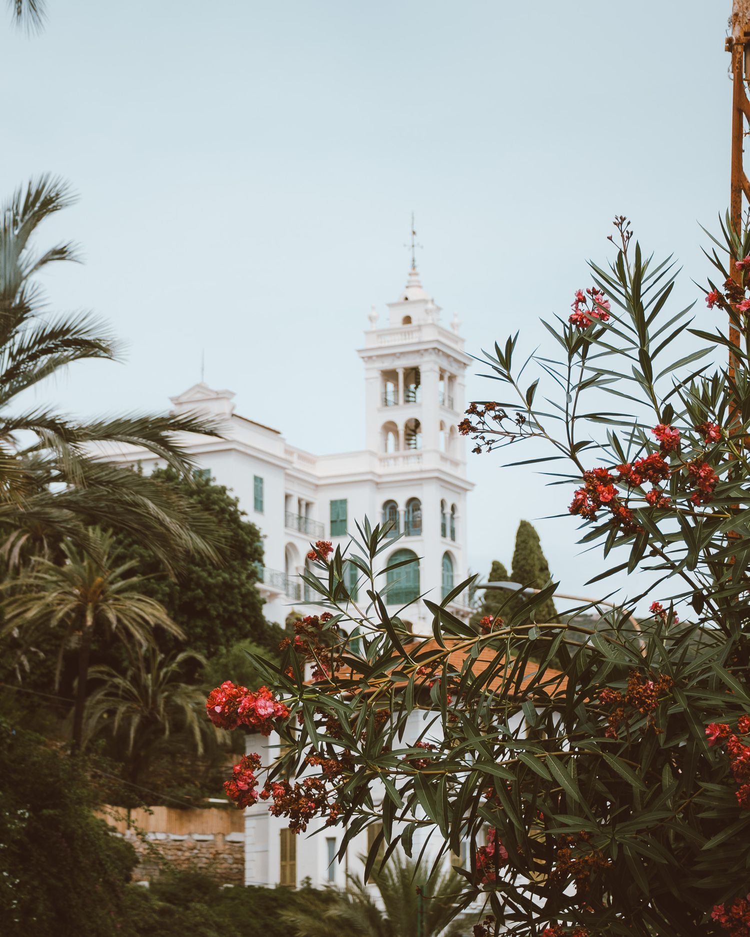 Wide angle shot of an Italian building surrounded by palms and other plants.