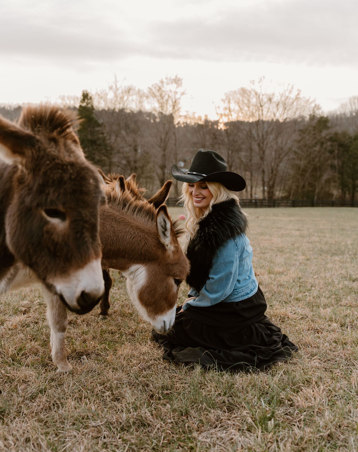 A person in a cowboy hat and denim jacket sits in a field with two miniature donkeys grazing nearby.