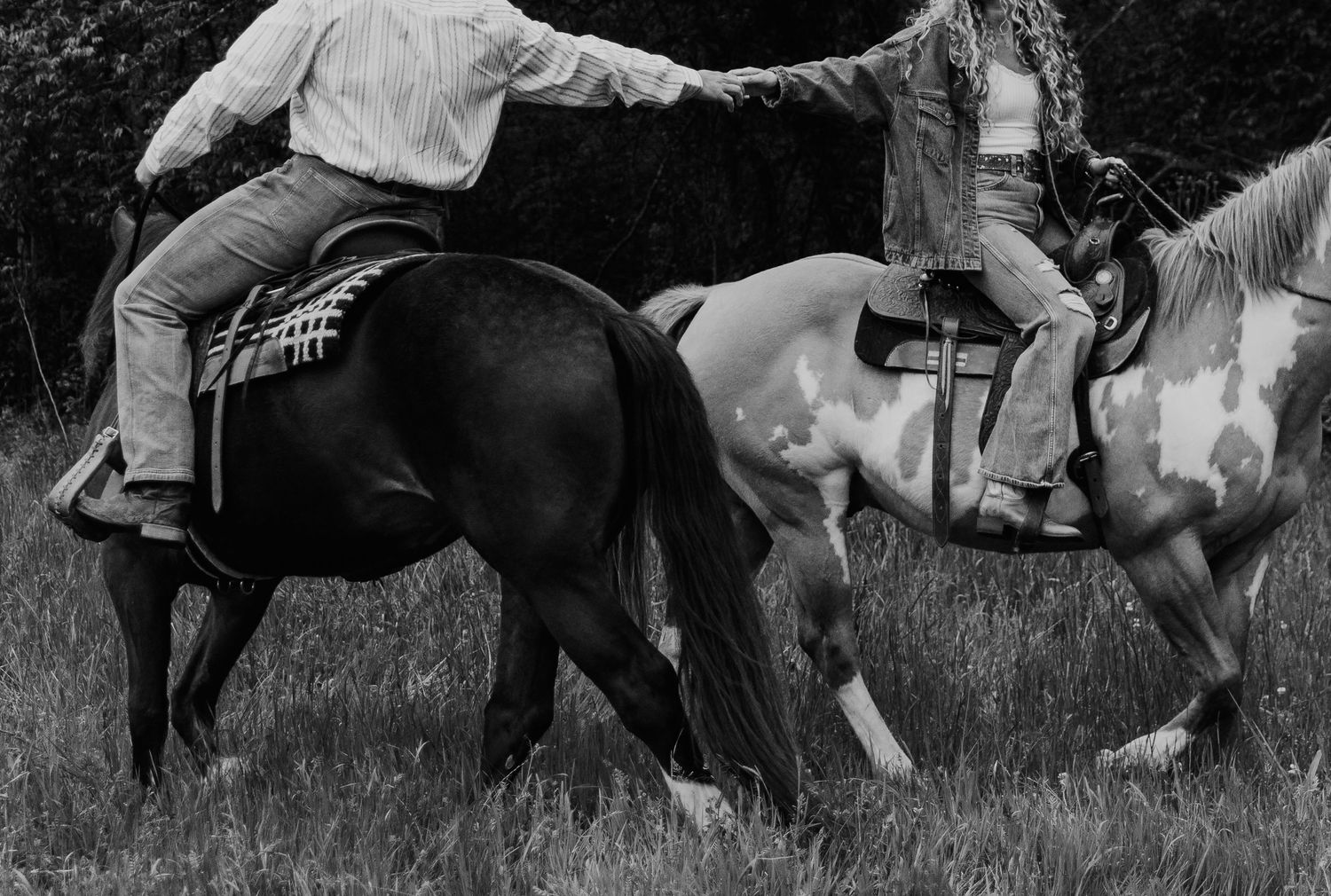 Black and white photo series of horses and riders in motion across a grassy field.