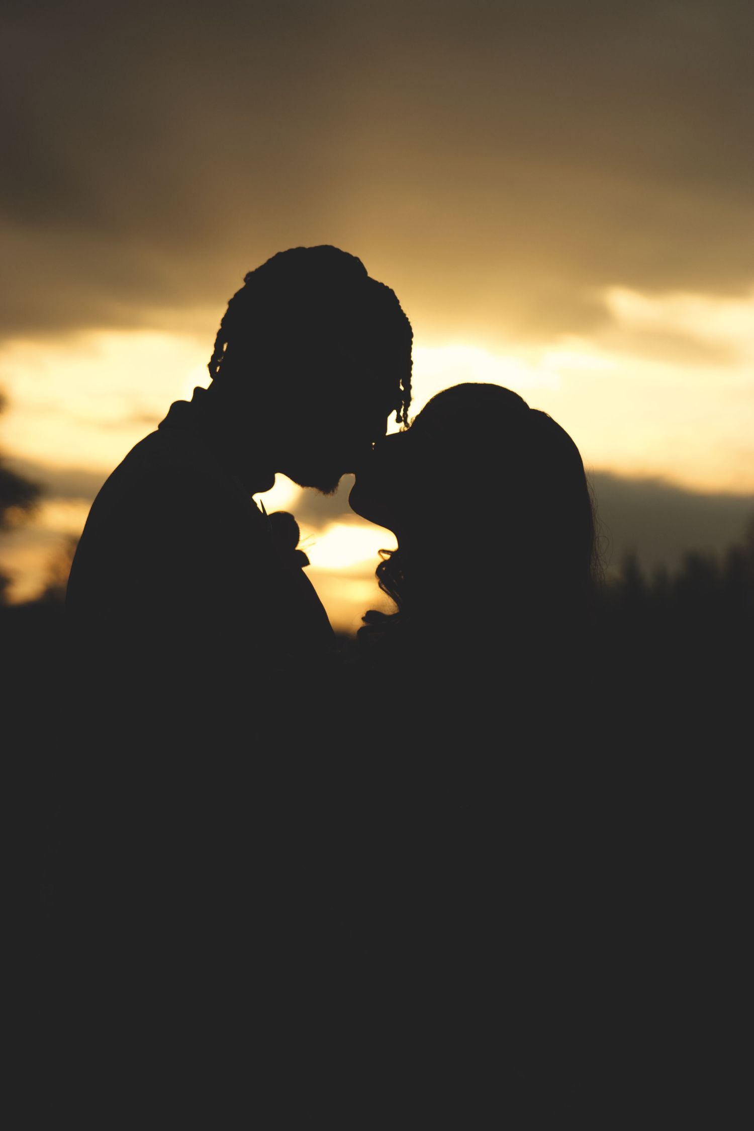 Silhouette of two people sharing an intimate moment against a golden sunset sky.