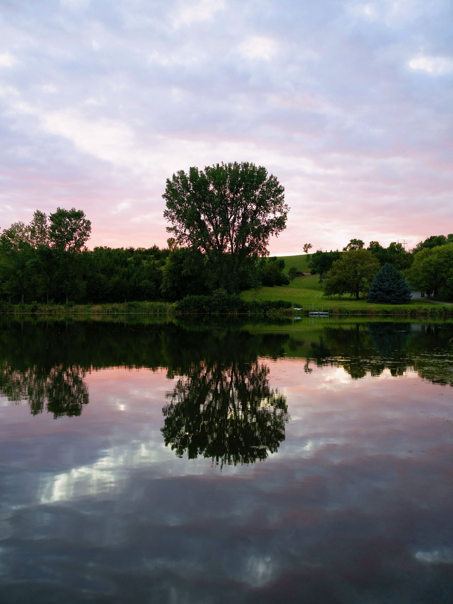 Serene lake reflecting pink sunset clouds and lush green trees in calm mirror-like water.
