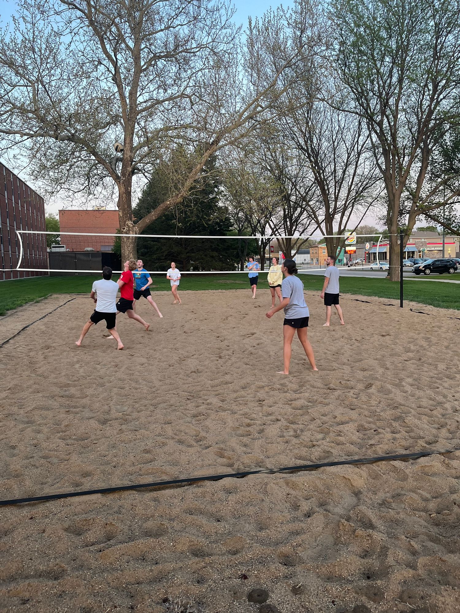 Group of players enjoy an outdoor sand volleyball game on a court surrounded by bare trees.