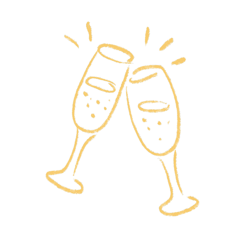 Two golden champagne flutes clinking together in a celebratory toast, illustrated in a warm yellow sketch style.