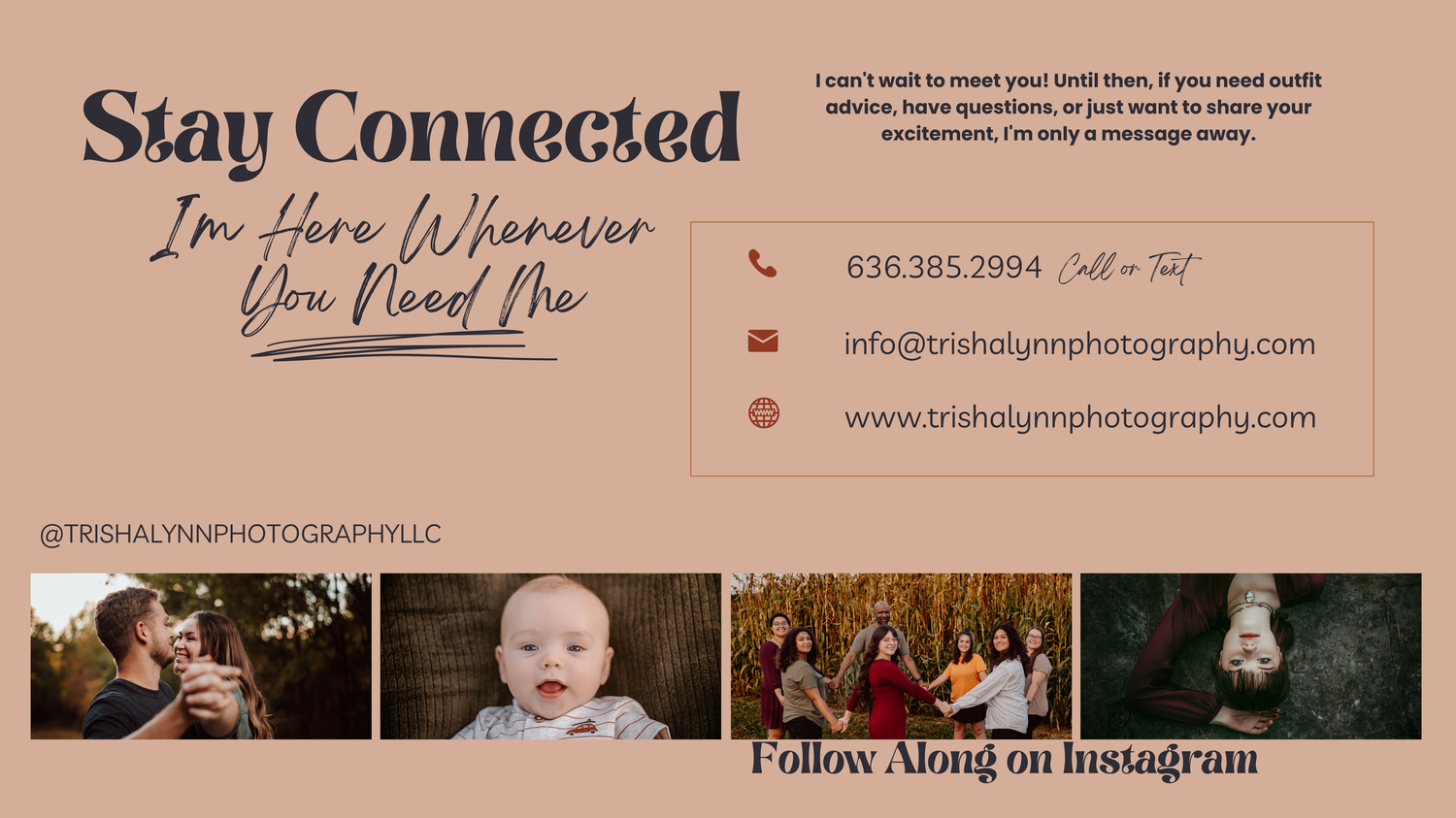 A photography business marketing card for Trisha Lynn Photography with contact details, social media handle, and sample portrait photos.