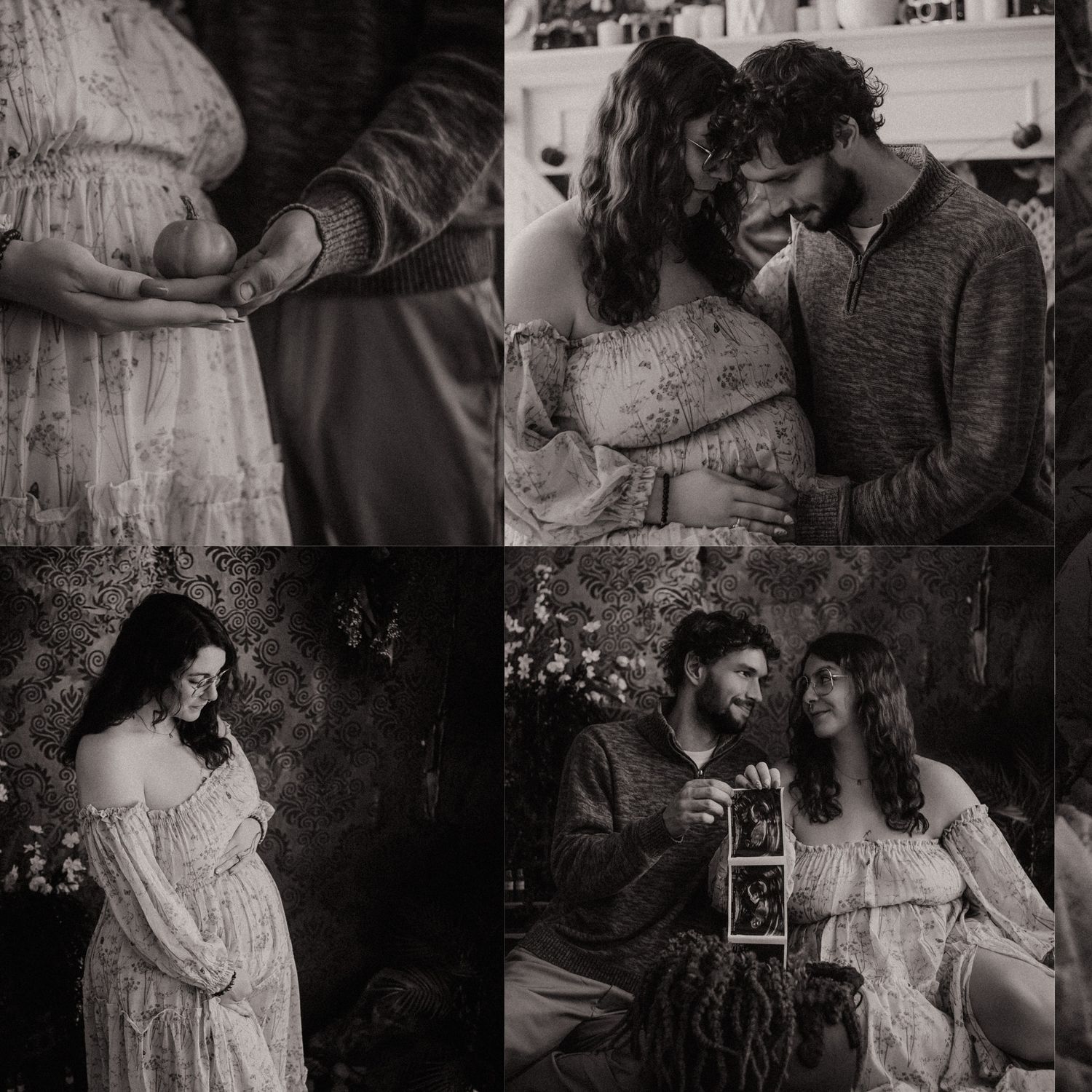 Artistic black and white maternity portraits capturing intimate moments in a vintage-inspired setting.