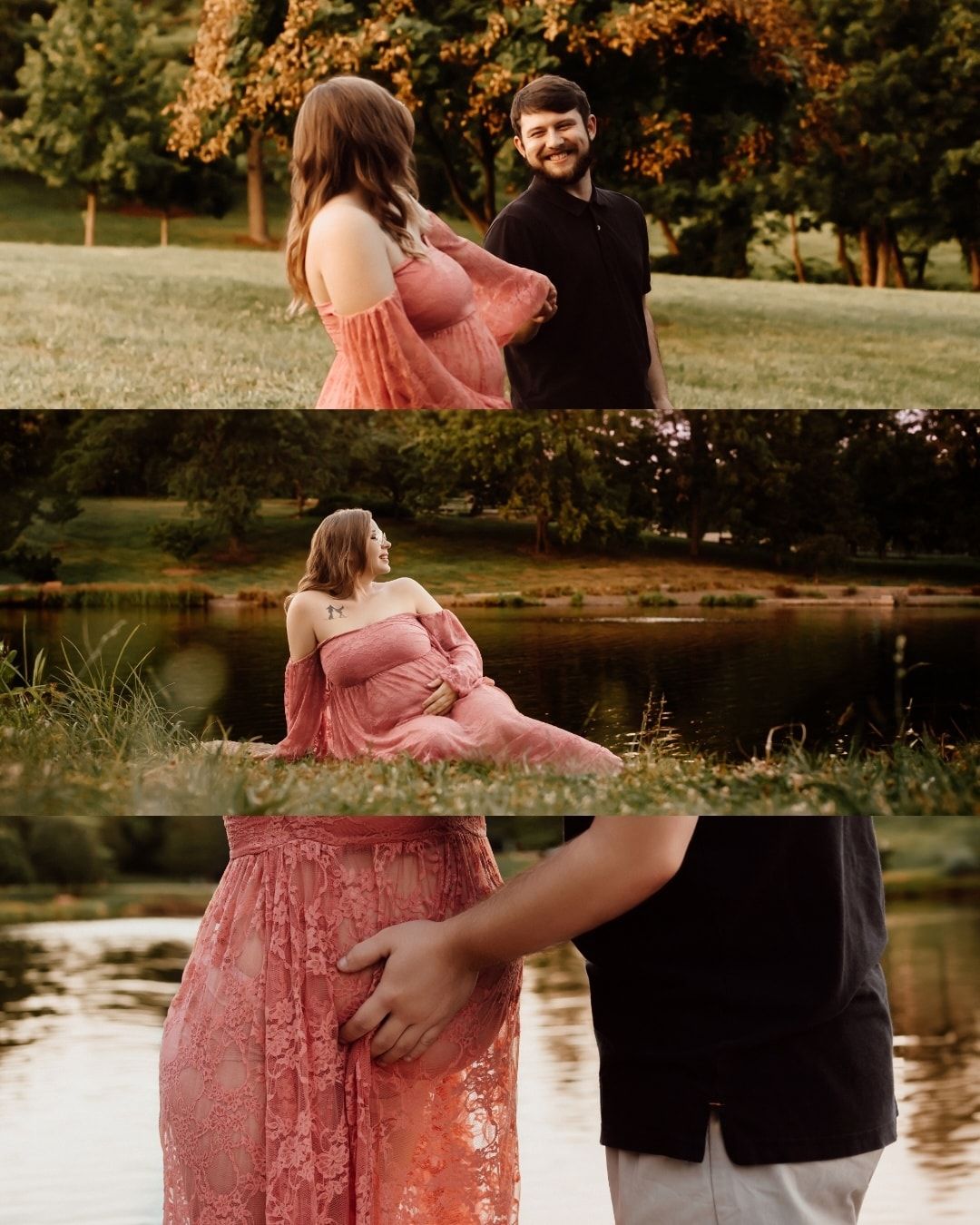 Couple poses by lakeside during sunset maternity photoshoot in pink dress.