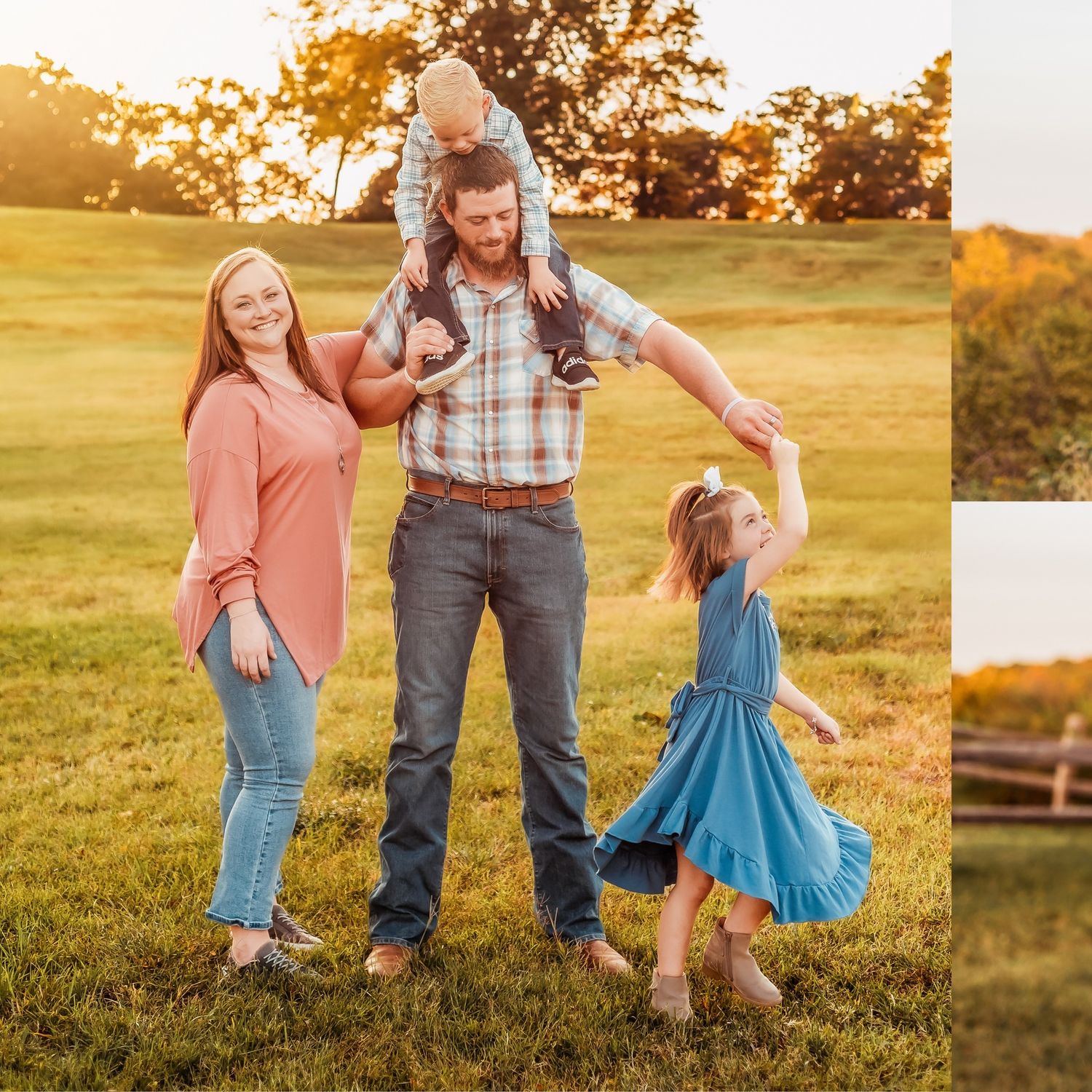 Family playing together in a sunlit field during golden hour.