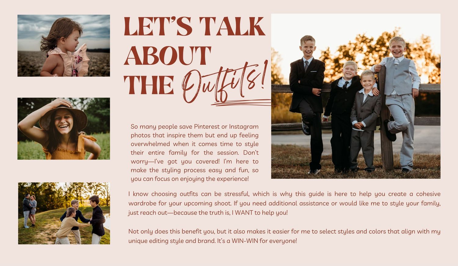 A family styled in coordinated fall outfits poses outdoors among autumn foliage for a seasonal photo session.