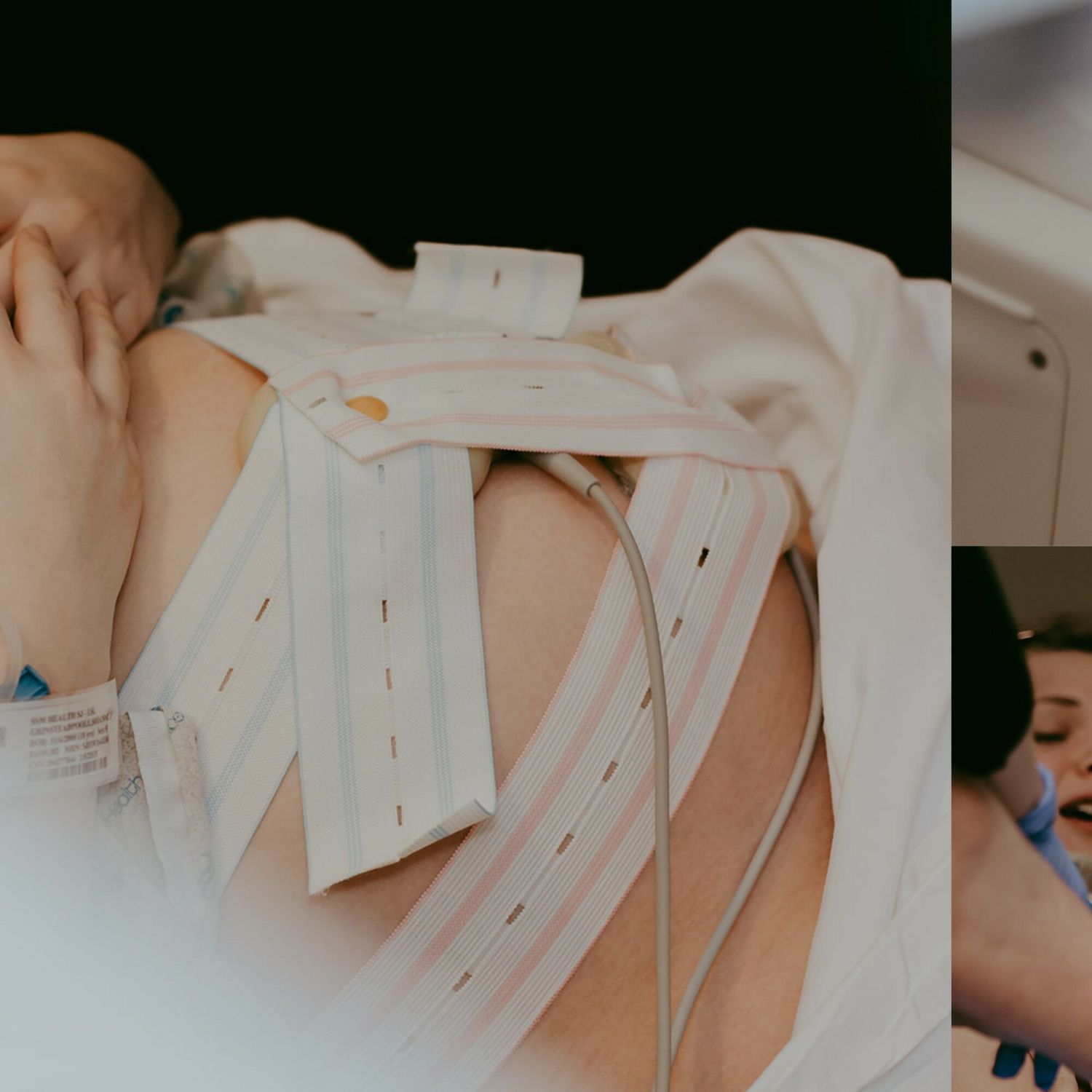 Medical dressings and bandages shown in detail on patient.