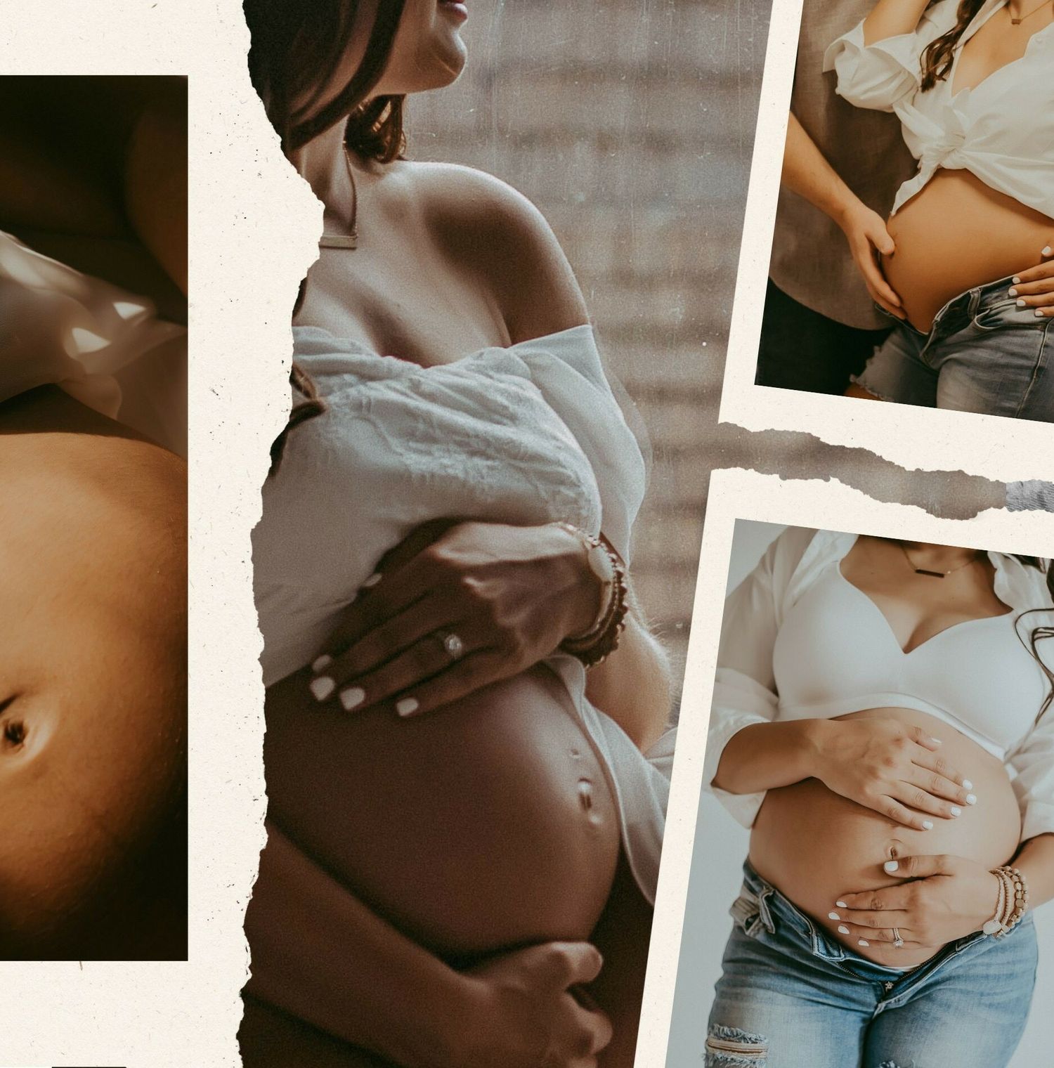 A series of maternity photos showing a pregnant belly in casual clothing.