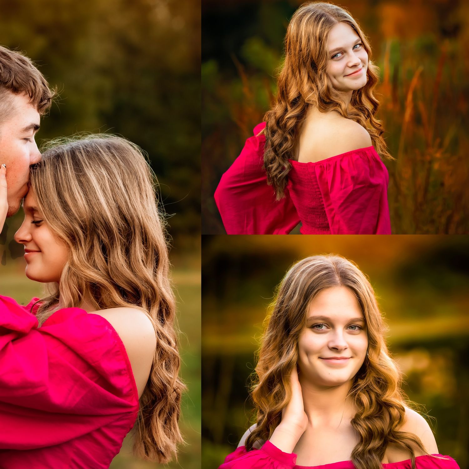 Romantic couple and individual portraits featuring red outfit against natural fall setting.