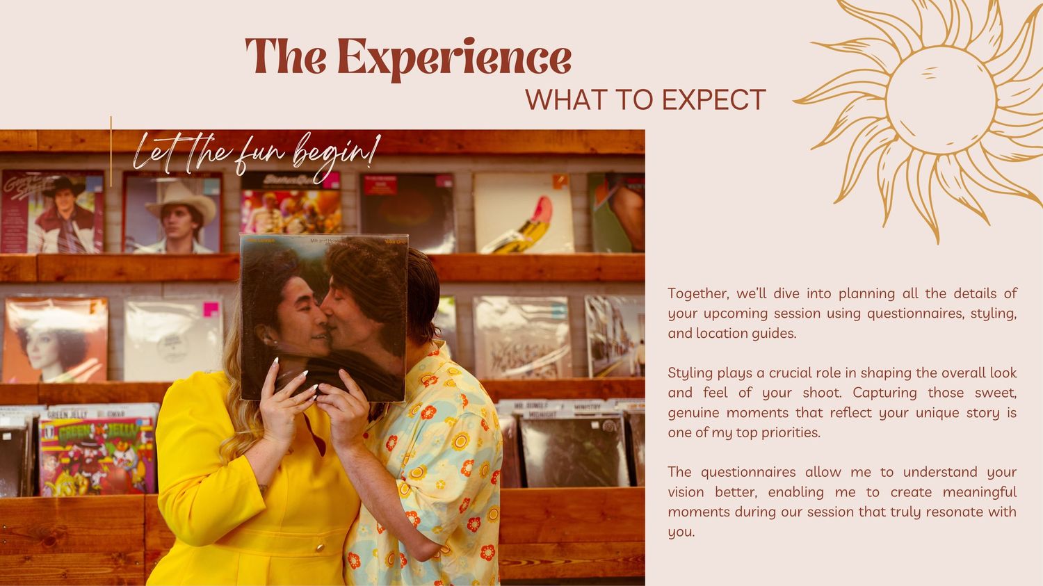 A couple embraces warmly in a cozy, colorful photography studio setting during a professional photo session experience.