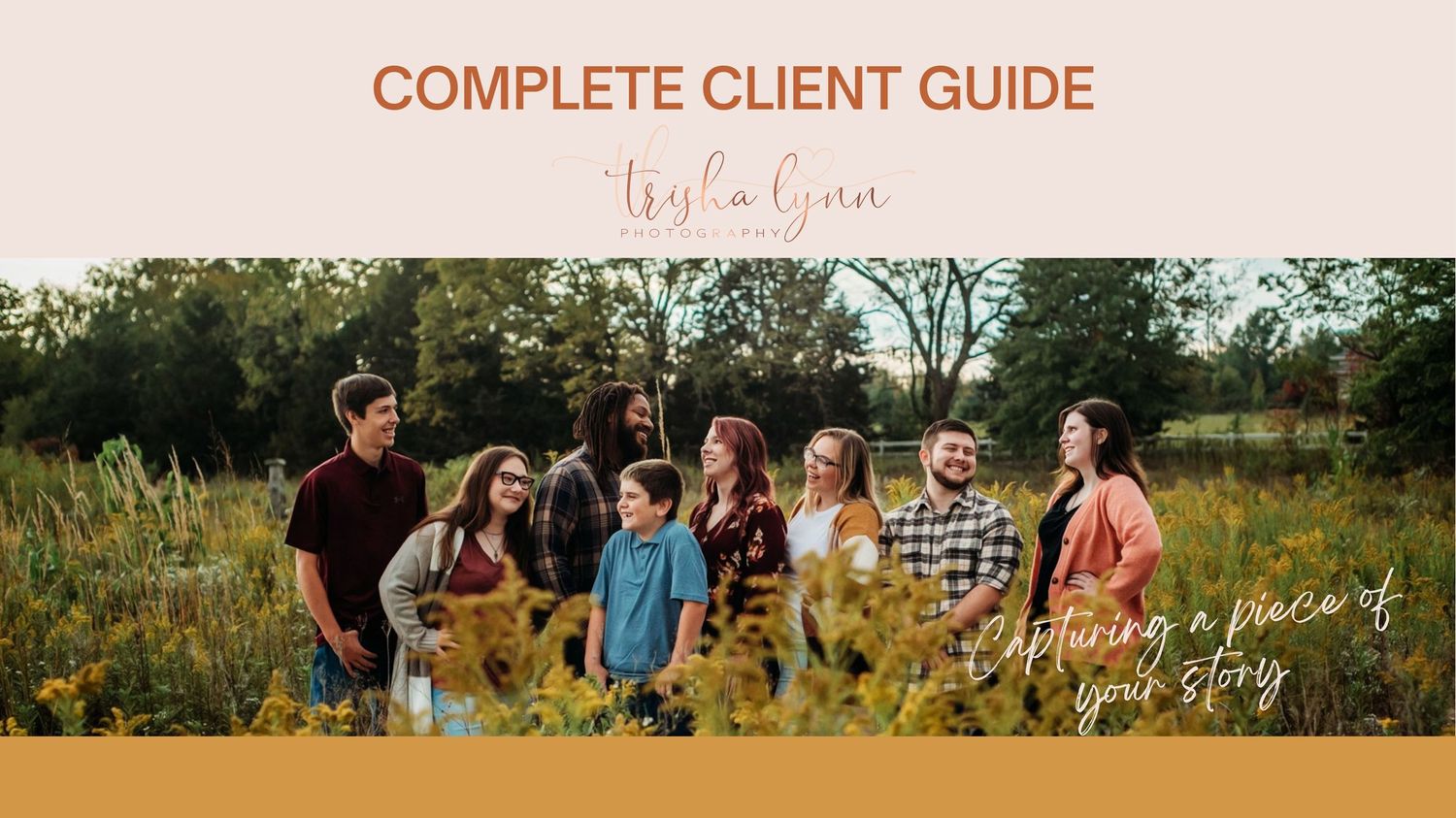 Complete client guide cover by Trisha Ginn featuring a large family group photo in a golden wildflower field.