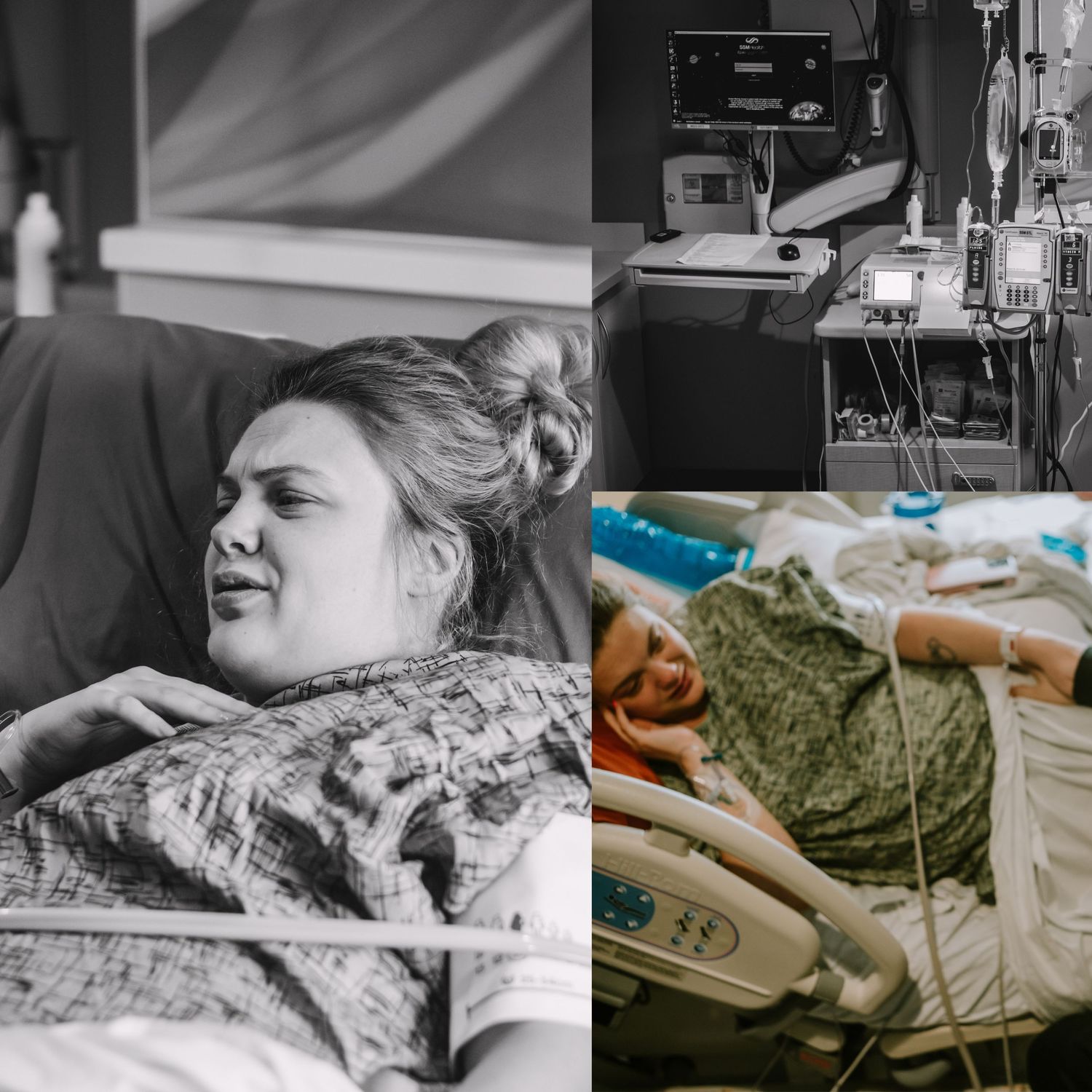 Woman in hospital bed during labor, connected to medical monitors, in a candid birth photography collage.