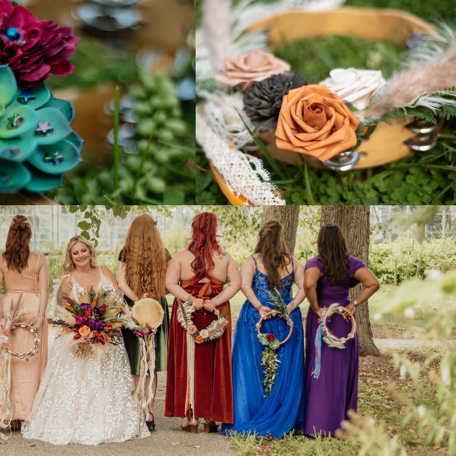 Wedding party wearing jewel-toned dresses in burgundy, blue and purple holding vibrant bouquets.