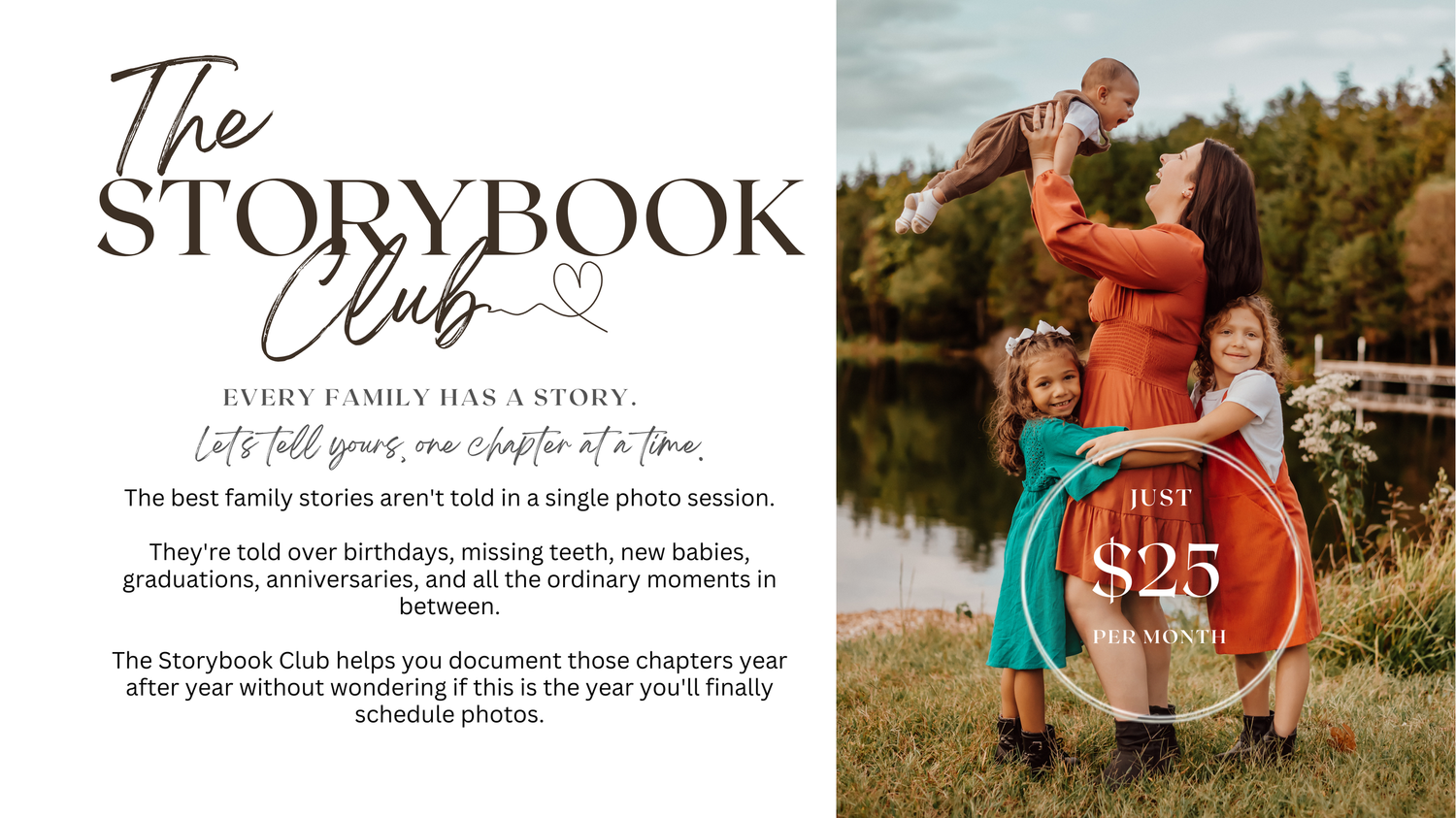 The Storybook Club family photography membership offering annual photo sessions for $25 to capture milestones and everyday moments.