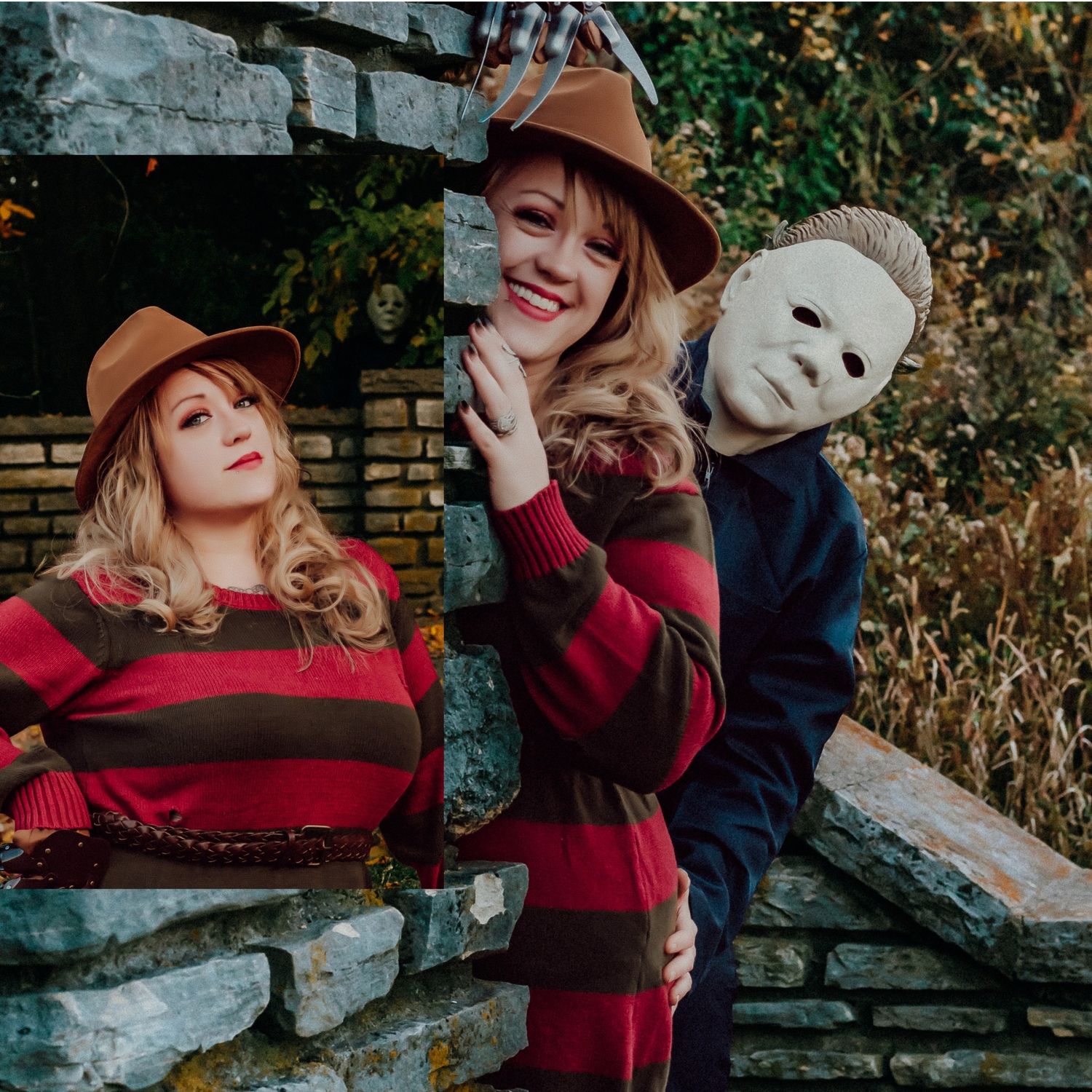 Autumn themed portrait session with stone wall backdrop and seasonal styling.