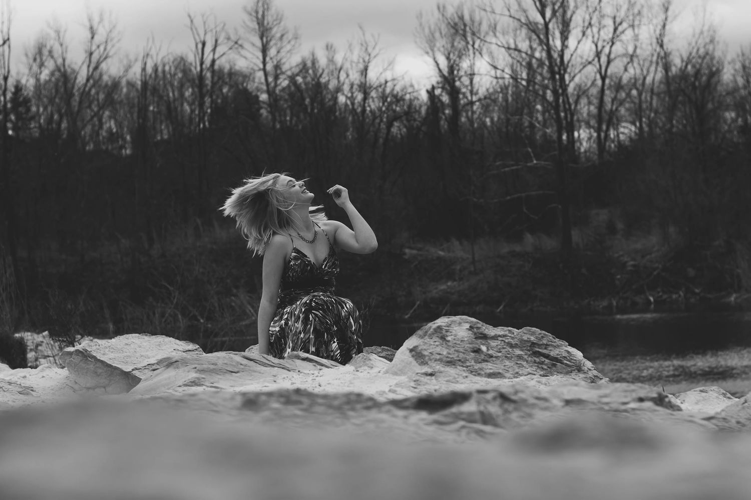 Black and white landscape photographs showing motion blur effects in nature.