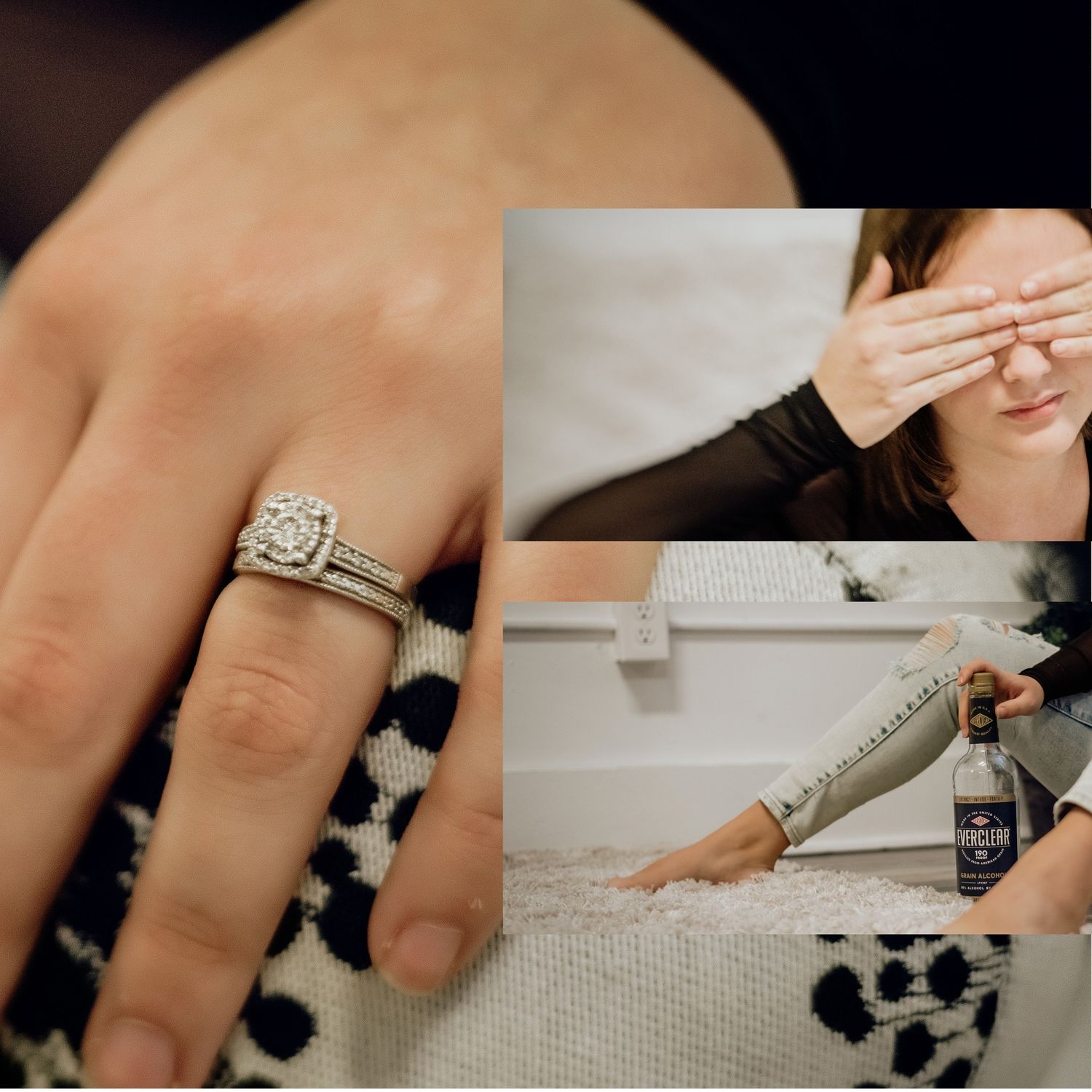 Close-up details of jewelry and rings on textured fabric.