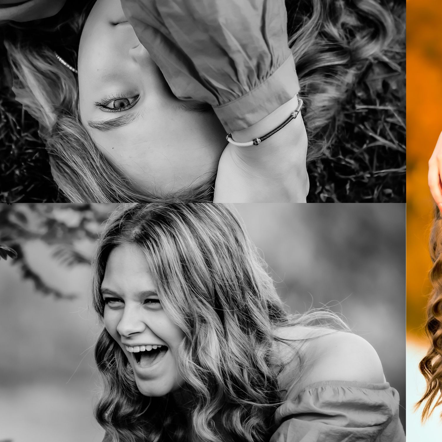 Black and white candid portraits showing natural laughter and genuine expressions.