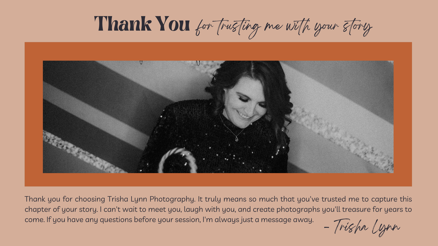 Thank You card from Trisha Lynn Photography featuring a woman in black dress with heartfelt message about capturing life stories.
