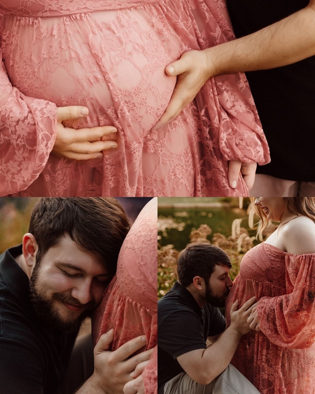 Intimate maternity photography with close-up details of pink lace dress.