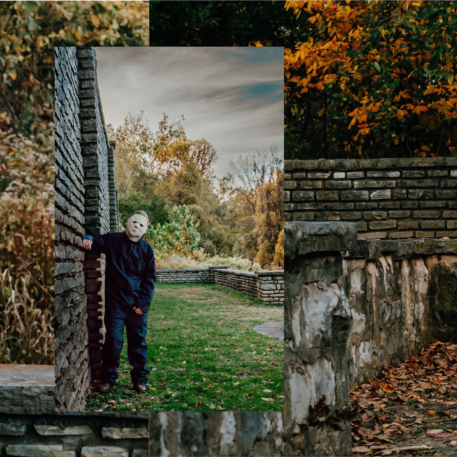 Halloween themed photo sequence with figure in mask near stone ruins.