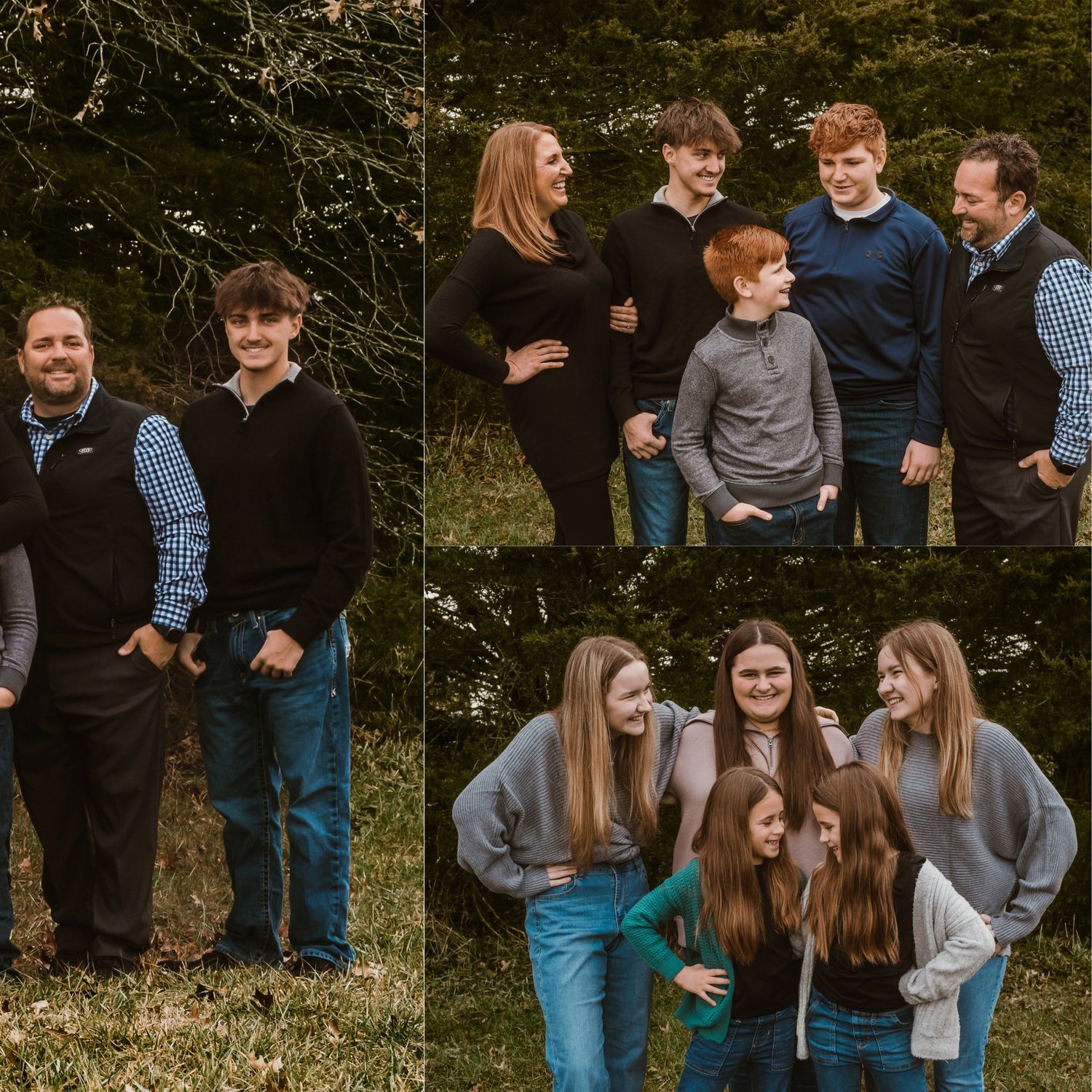 Extended family in casual denim and neutrals gather for outdoor portrait session.