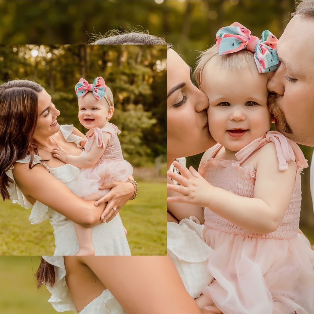 Sweet mother-daughter moments captured in outdoor portrait session with matching pastel outfits.
