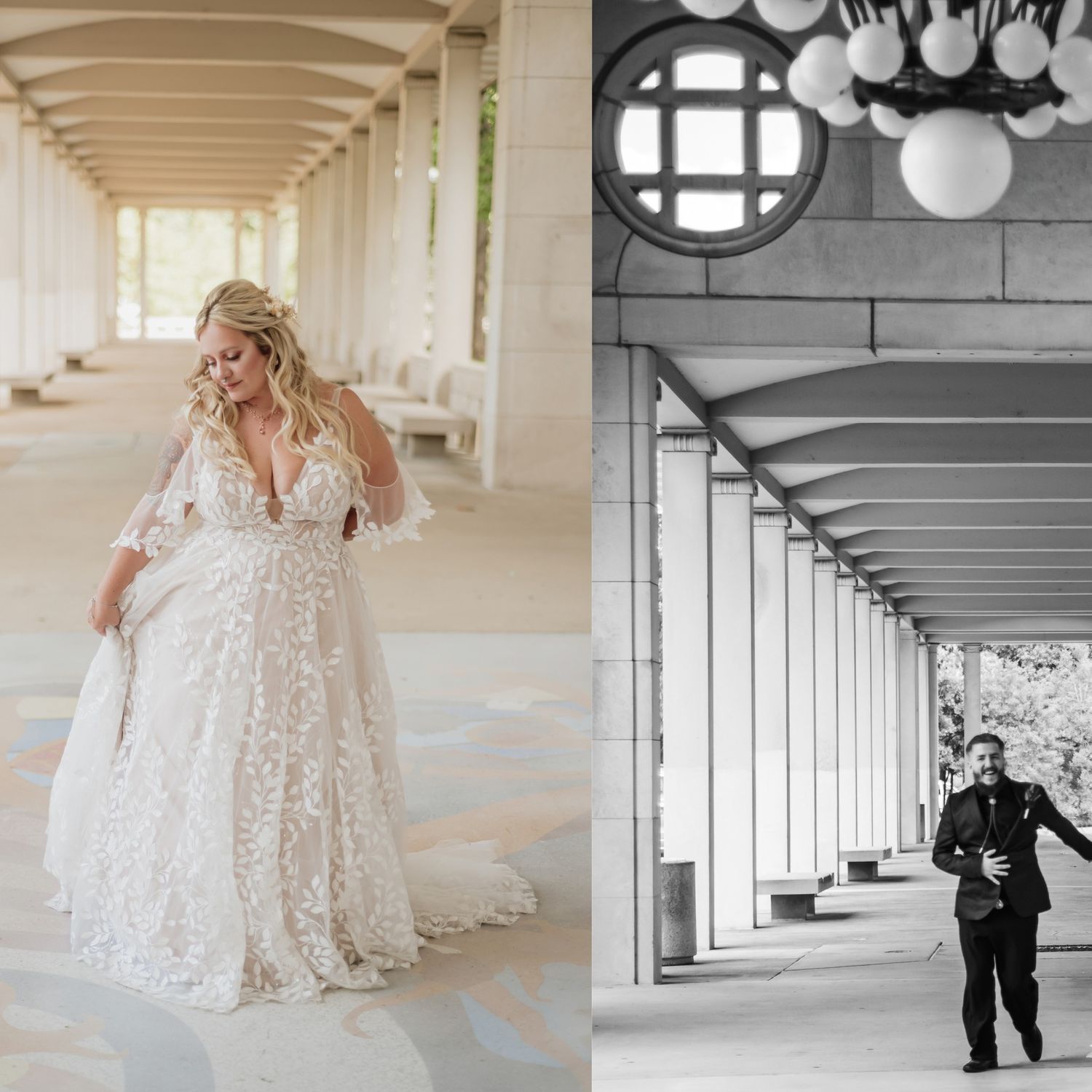 Wedding photography in a columned corridor with architectural details.