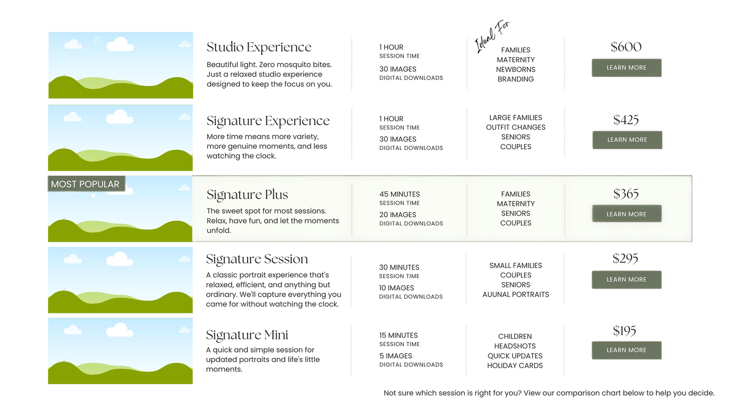 A spa service menu featuring four massage packages with pricing ranging from $95 to $800, set against a serene green landscape background.