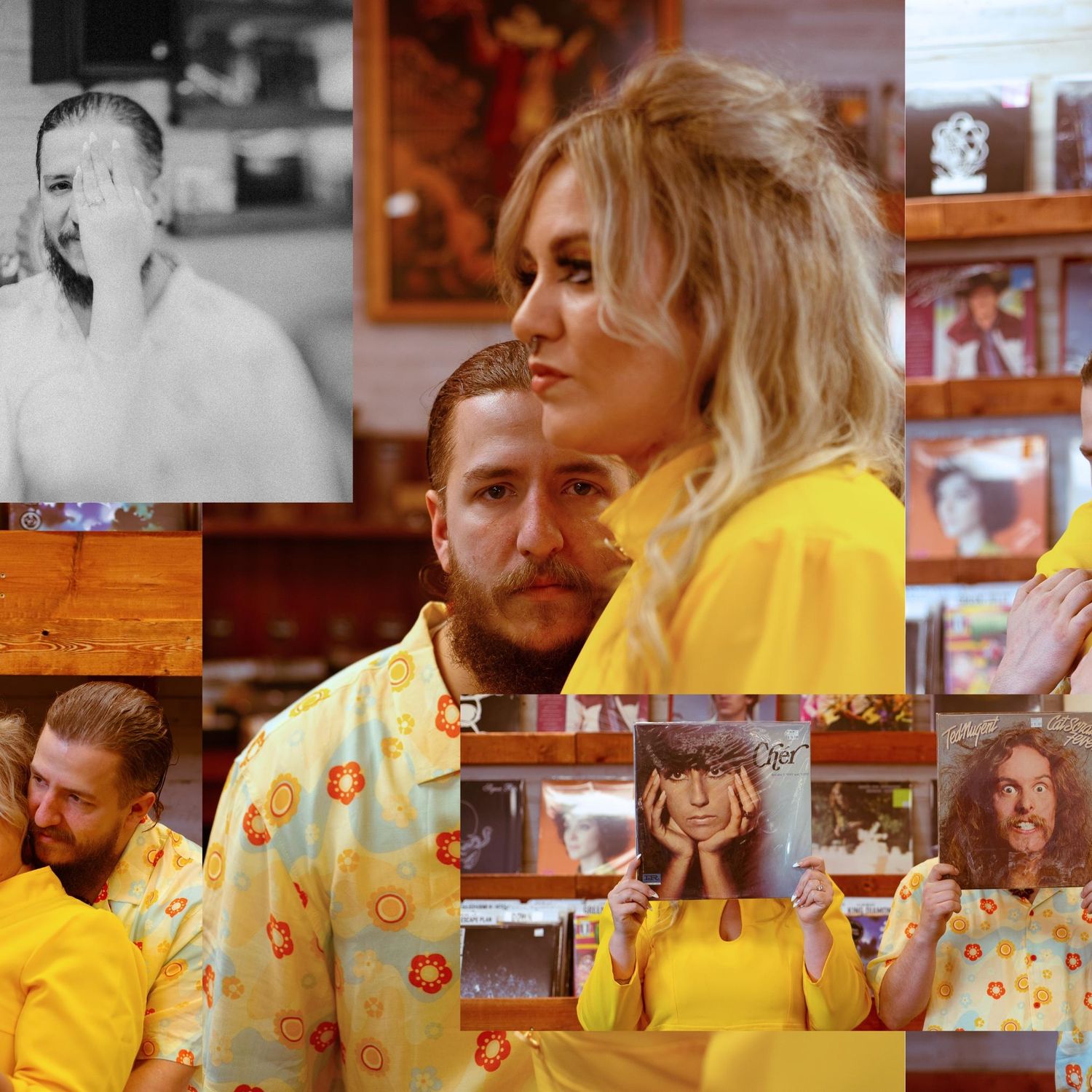 Candid moments captured in record store with yellow clothing and wooden shelving.