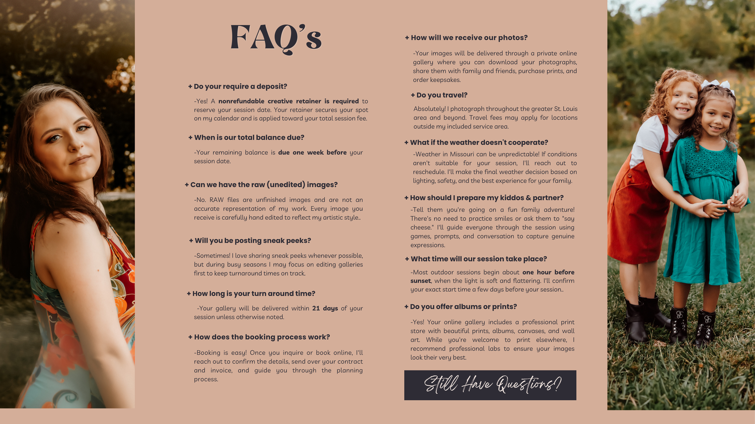 A FAQ page featuring a young woman and two girls in floral dresses posing outdoors in warm natural light.