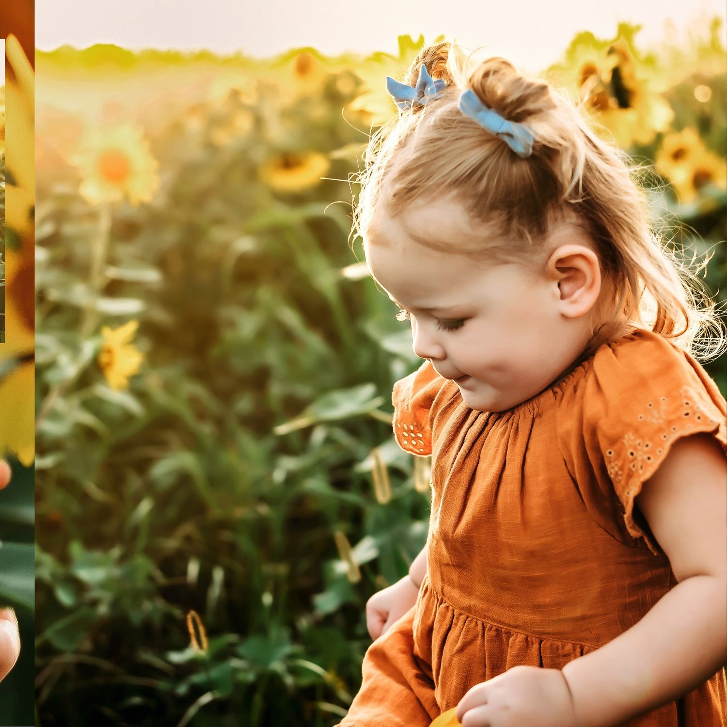 Golden hour photography in a sunflower field with orange summer attire.