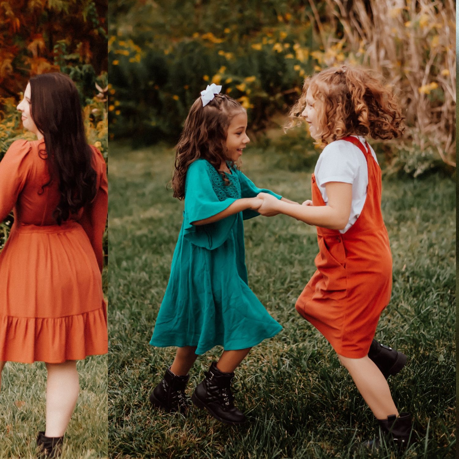 Children in bright orange and teal dresses run and play in tall grass during golden hour.