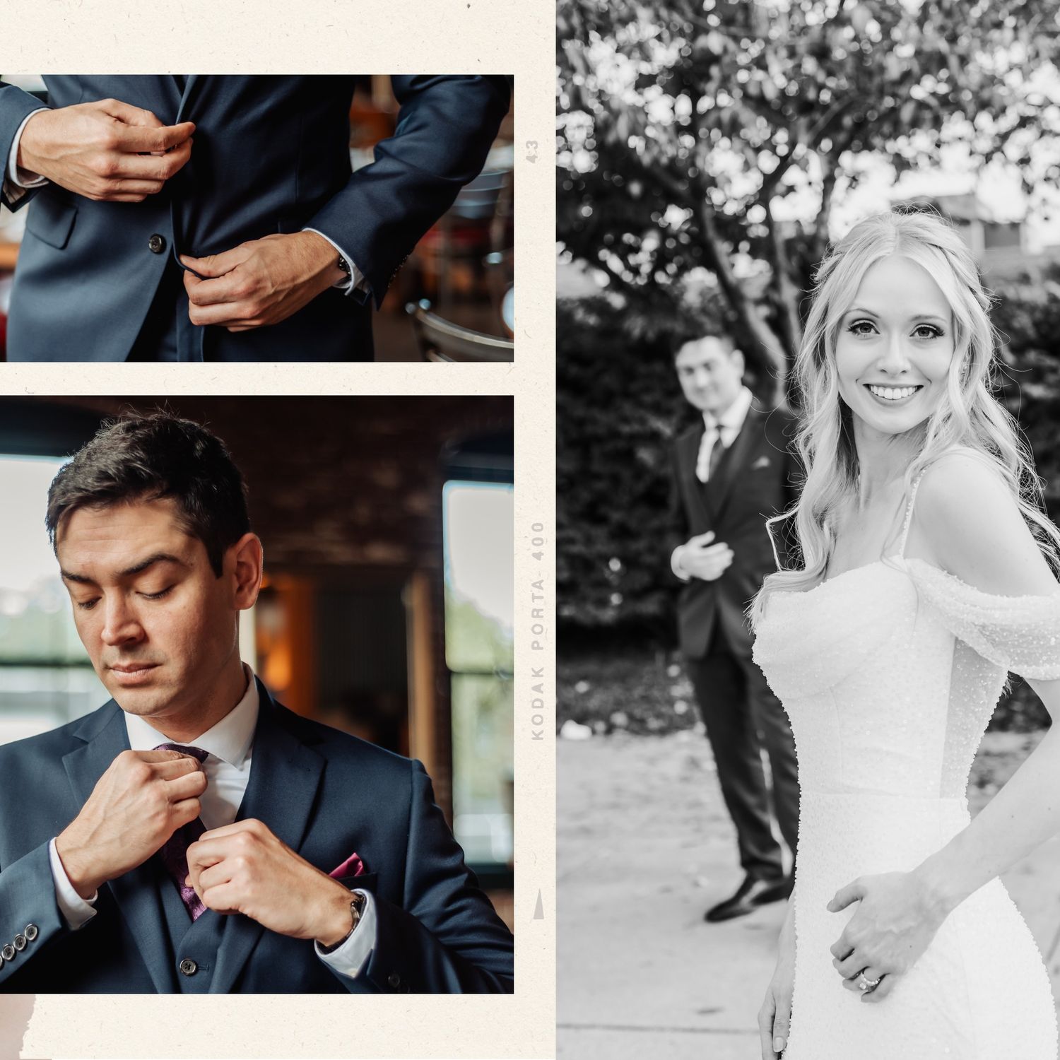 Black and white wedding portraits showing tender moments between newlyweds.