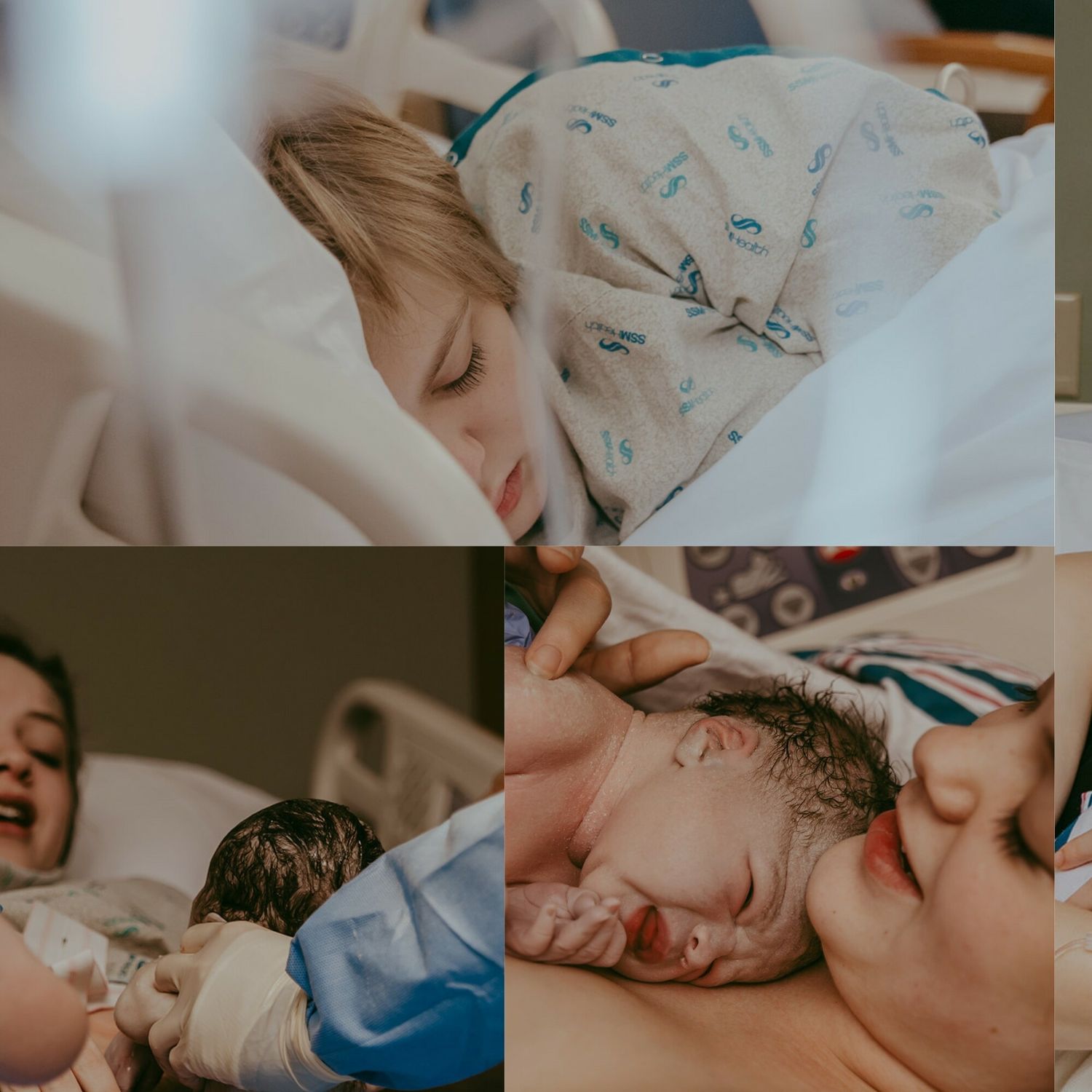 Collection of tender moments with sleeping newborn in hospital setting.