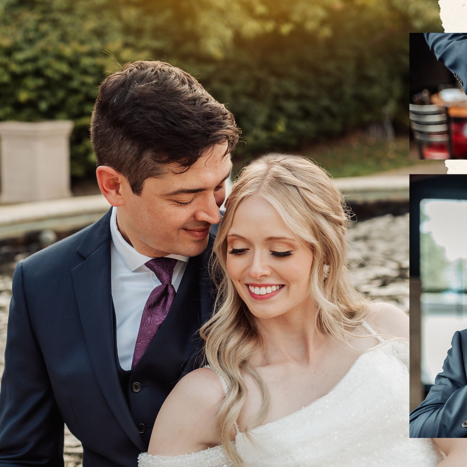 Romantic wedding couple shares intimate moments in an outdoor setting with soft natural lighting.