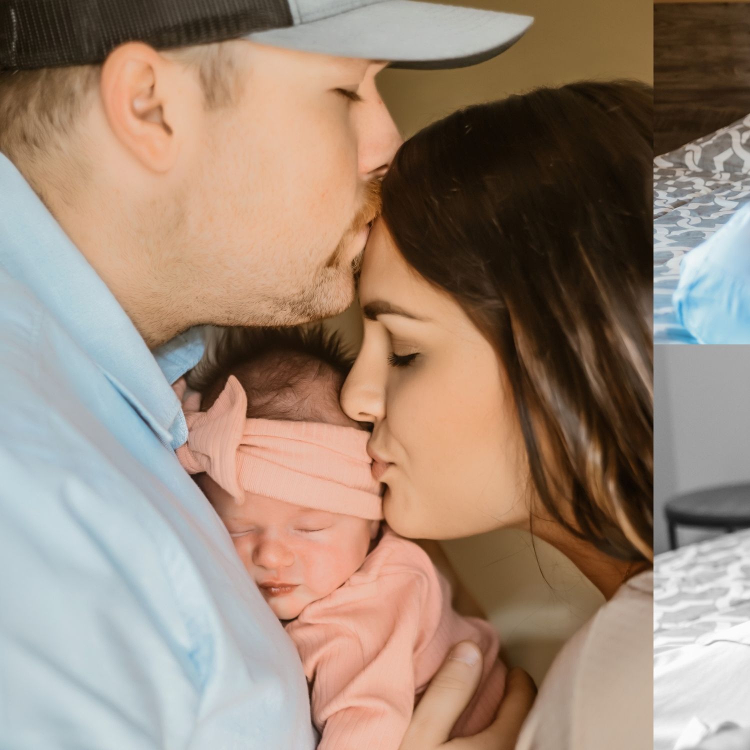 Gentle family moment with newborn baby in warm lighting.
