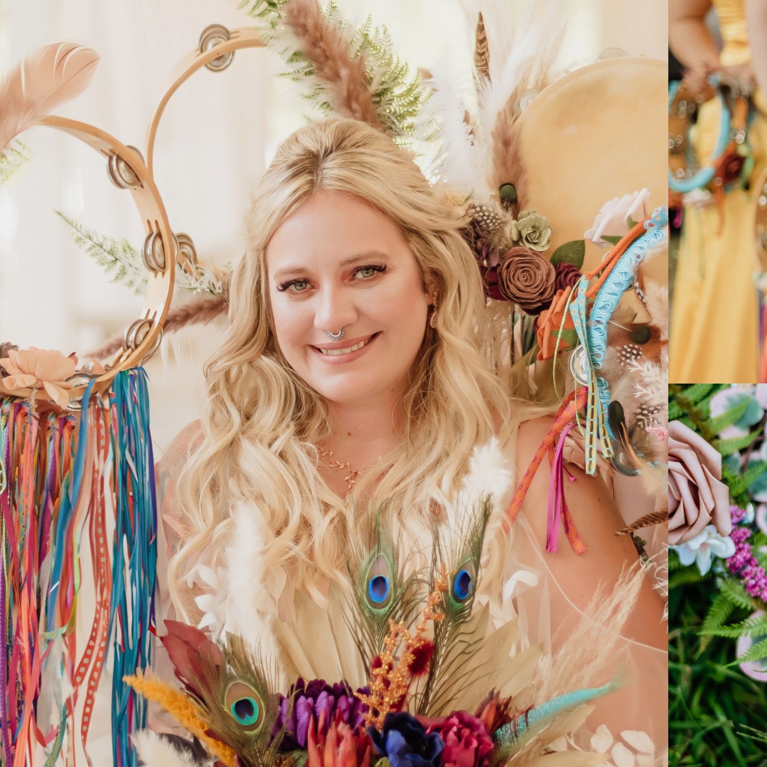 Bohemian wedding attire with peacock feathers, ribbons and floral decorations in vibrant colors.