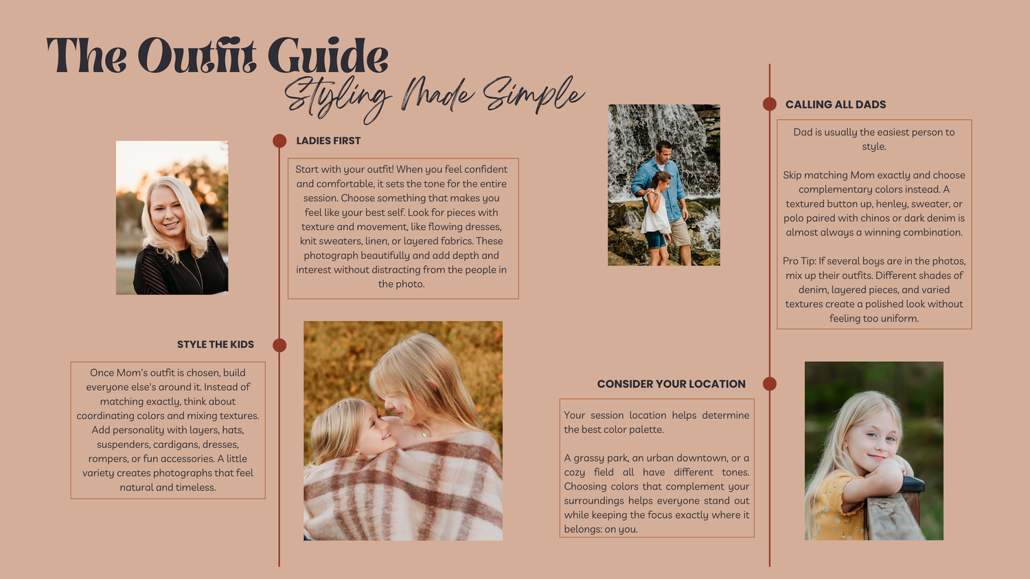 A stylish outfit guide layout featuring women in casual fall fashion on a warm beige background with styling tips.